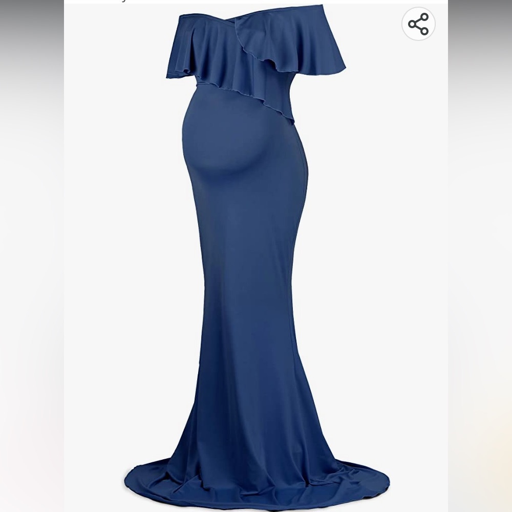 Long blue stretchy maternity gown with ruffles